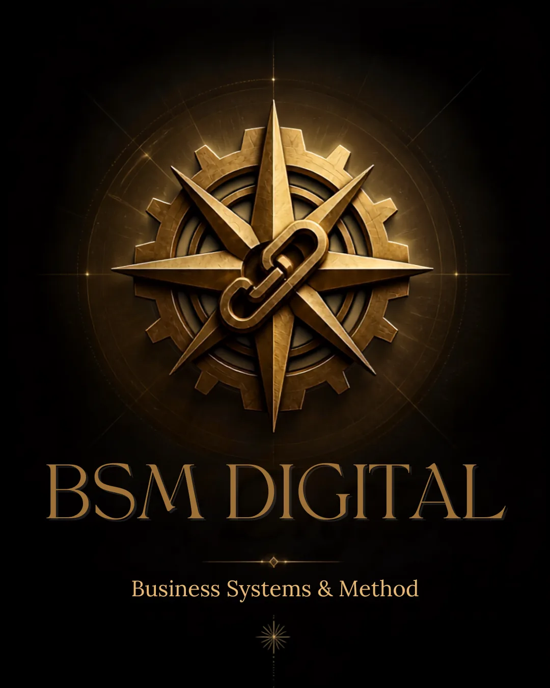 Emblema BSM Digital: bússola e engrenagem douradas, com a assinatura Business Systems & Method